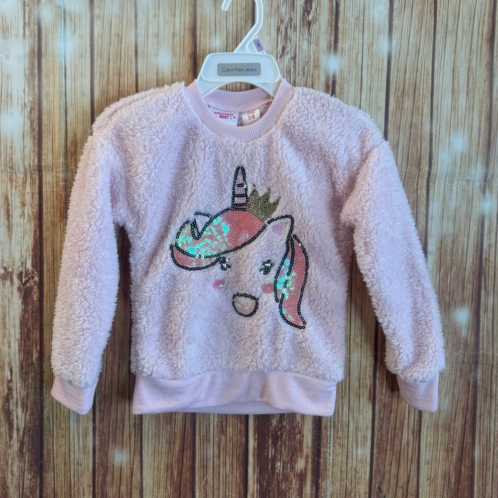 Extremely Me Girls Unicorn Faux Fur Plush Sweater Pink Sequin Detail Size 5/6